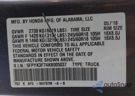 2019 Honda Ridgeline Rtl-E from USA, damaged, VIN 5FPYK3F74KB005037